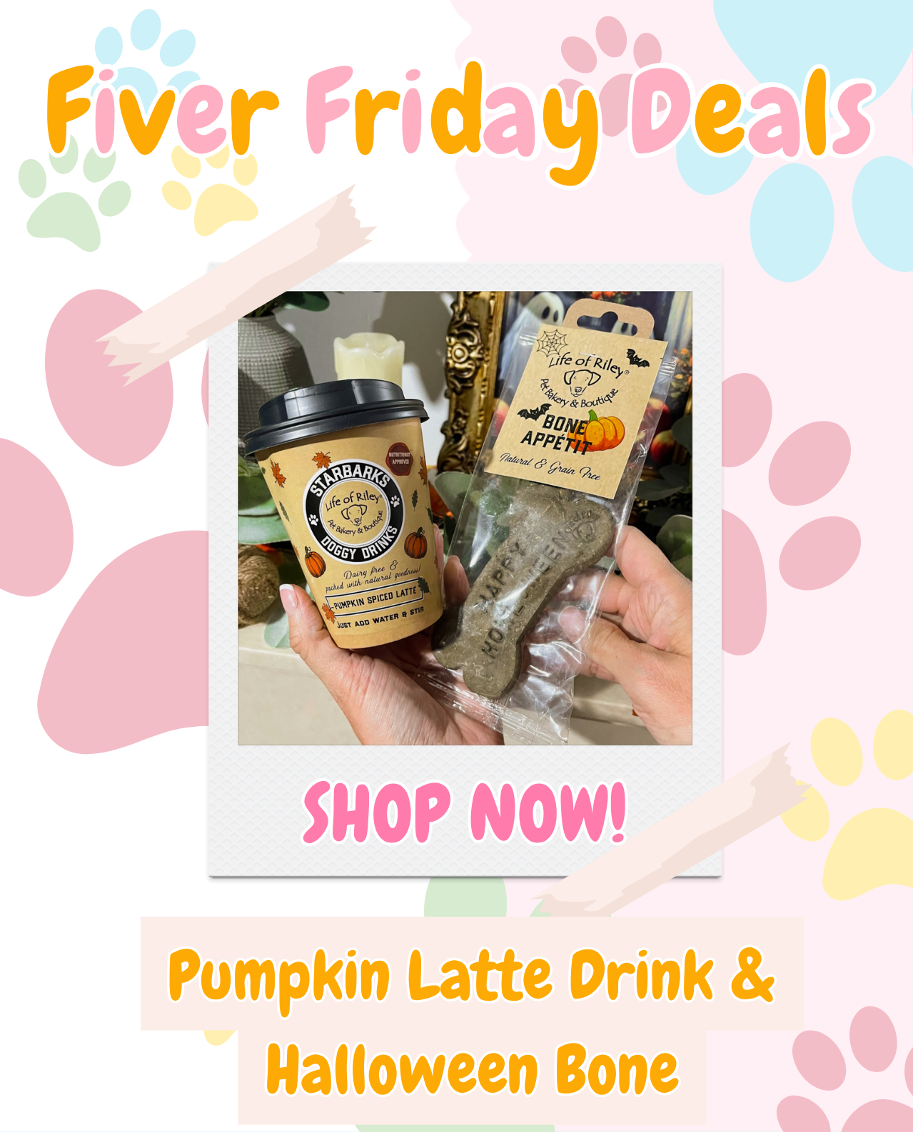 Fiver Friday Deals! ✨ (🧸 Halloween Dog Toy Bundle, 👻 Mystery Halloween Goodie Bags, 🥜 Nutshell Treat Dispenser Toy, 🦴 Pumpkin Spice Latte Drink & Happy Halloween Bone, 🕷️ Halloween Cat Wand & Toy & 🦊 2 Halloween Iced Biscuits Picked at Random)