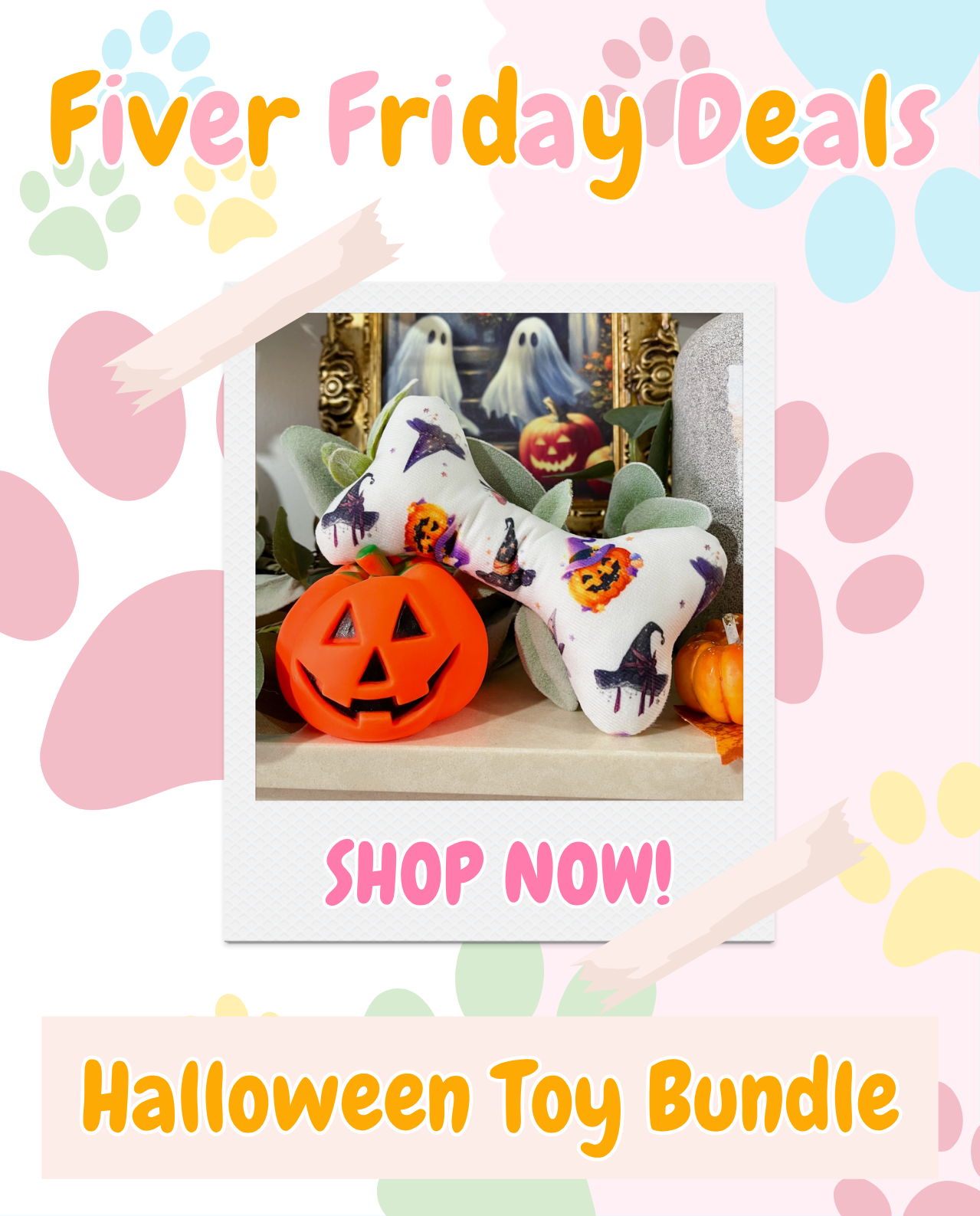 Fiver Friday Deals! ✨ (🧸 Halloween Dog Toy Bundle, 👻 Mystery Halloween Goodie Bags, 🥜 Nutshell Treat Dispenser Toy, 🦴 Pumpkin Spice Latte Drink & Happy Halloween Bone, 🕷️ Halloween Cat Wand & Toy & 🦊 2 Halloween Iced Biscuits Picked at Random)