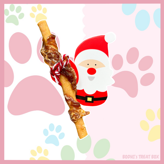 Santa holding a Chicken wrapped Cheese Stick 🎄